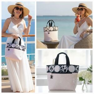 ​🌸 CHANEL Terry Cloth Beach Tote Bag LARGE Pink Black Bubble CC Charm